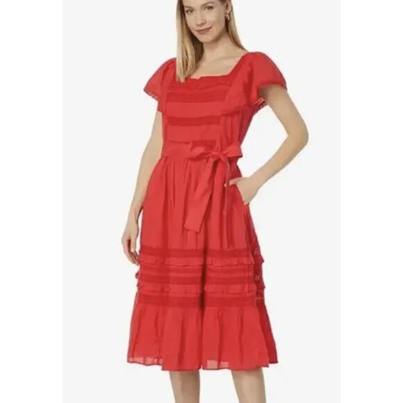 Draper James Lipstick Red Tie-Waist Dress Size Small Fit & Flare Southern Style - Picture 1 of 5
